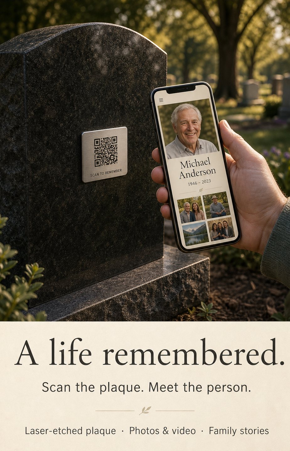 A granite memorial with a laser-etched QR plaque, beside a phone showing the memorial page
